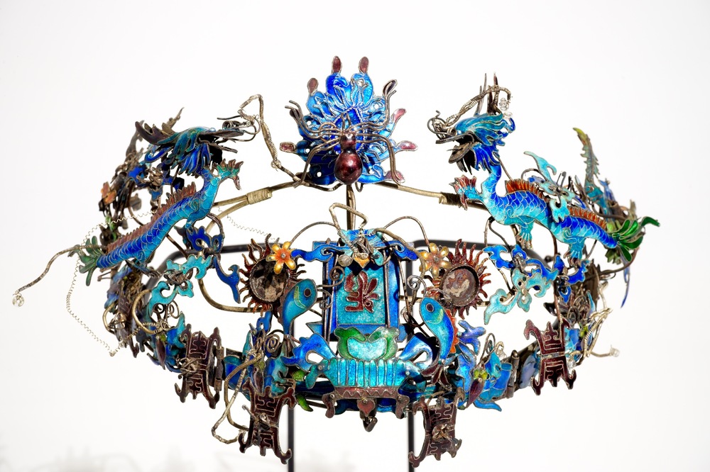 A Chinese enamelled silver tiara with dragons, phoenixes and symbols, Qing